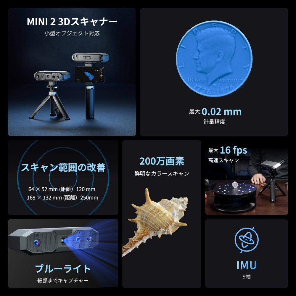 Revopoint MINI 2 3Dスキャナー | 高精度ブルーライト業務用